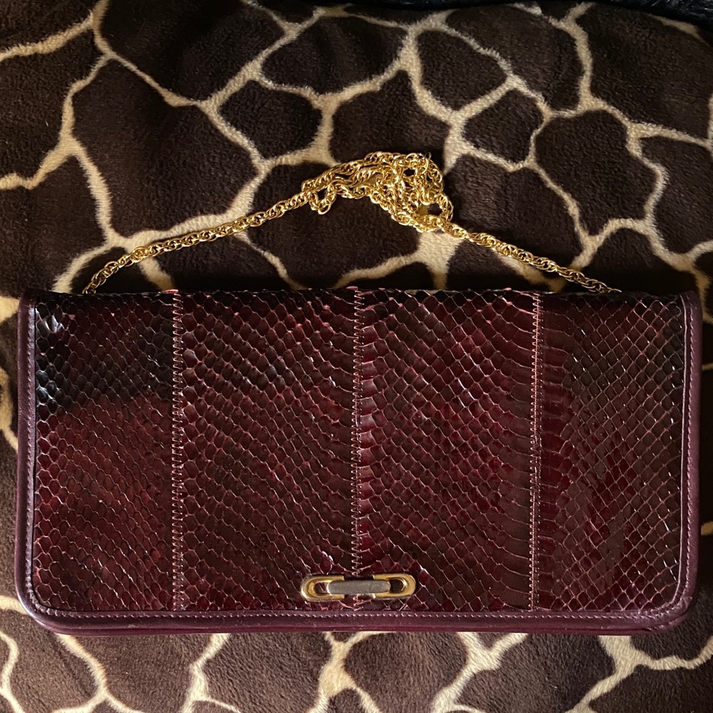 Vintage 70’s Joseph Burgundy Snakeskin and Leather Clutch With Gold Tone Chain